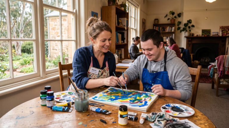 Art therapy session with a disability support worker and participant